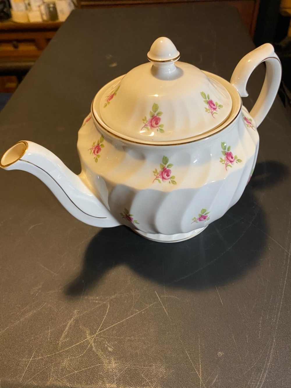 White Floral Teapot with Pink Rose Motif